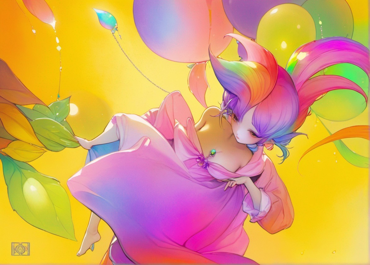 Whimsical elfin character with colorful hair in pink attire among floating balloons on golden backdrop