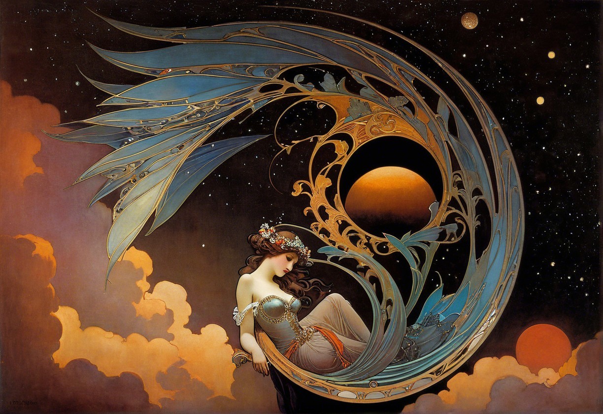 Ethereal Woman Against Celestial Floral Backdrop