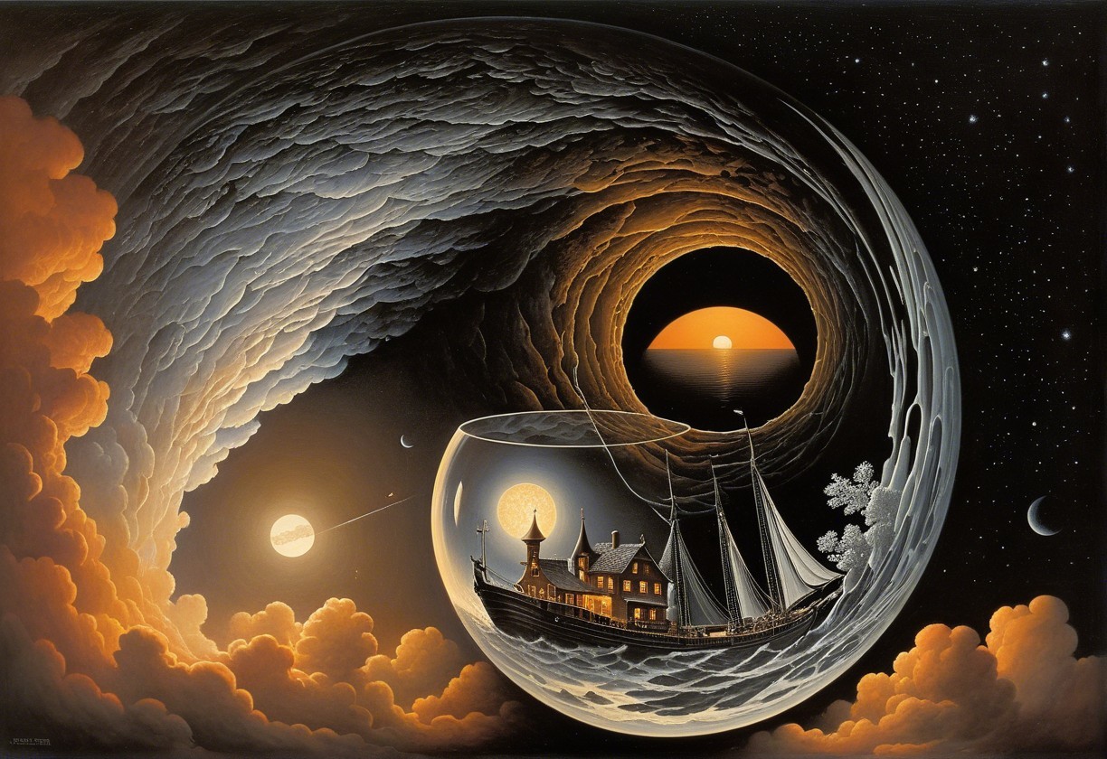 Surreal Glass Orb Scene with House and Sailing Ship
