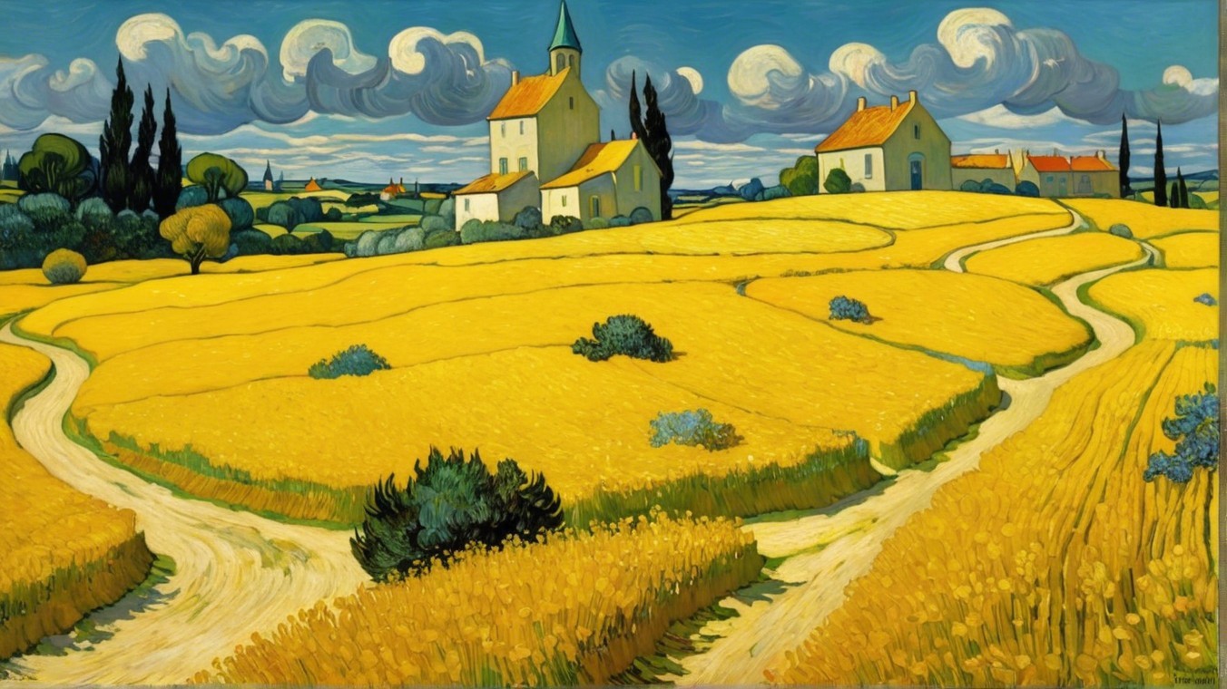 Vibrant Landscape with Wheat Fields and Village Scene