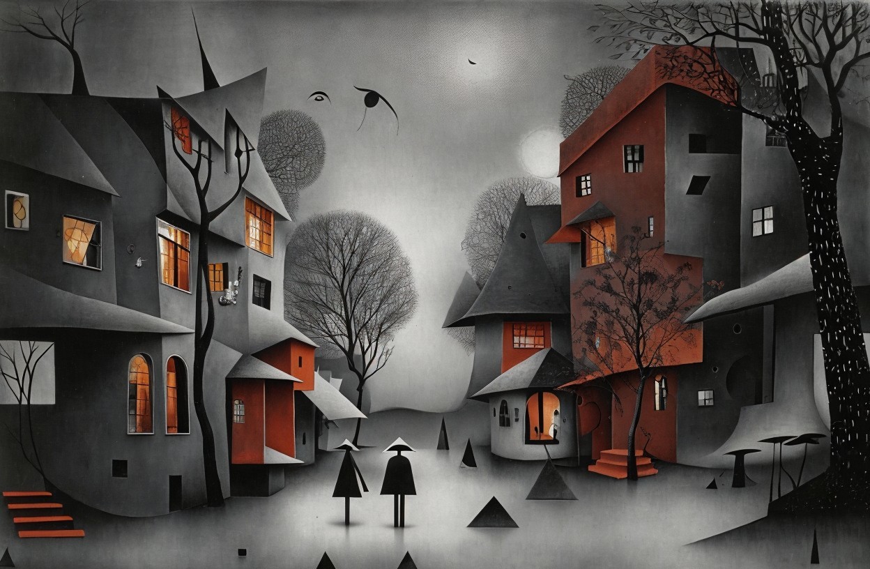 Surreal Monochromatic Village with Unique Houses