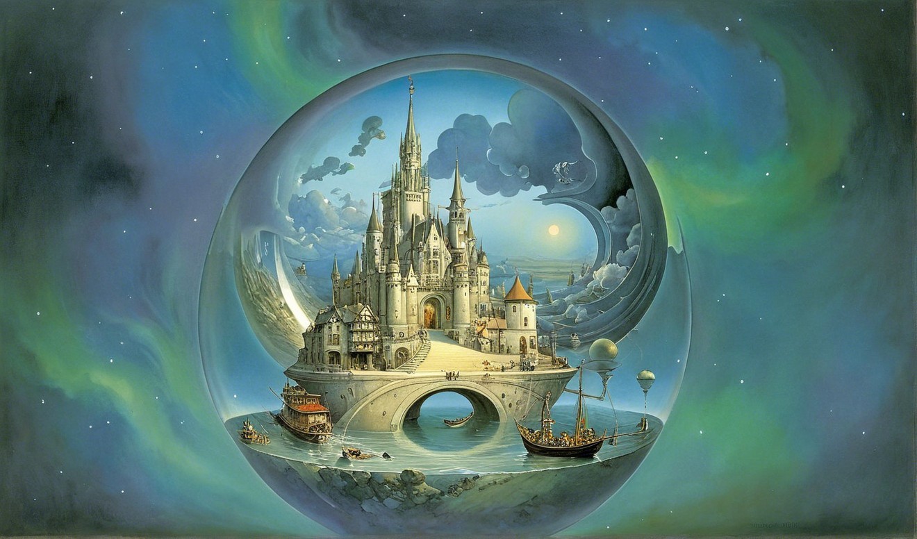 Floating Castle in Glass Orb Surrounded by Water