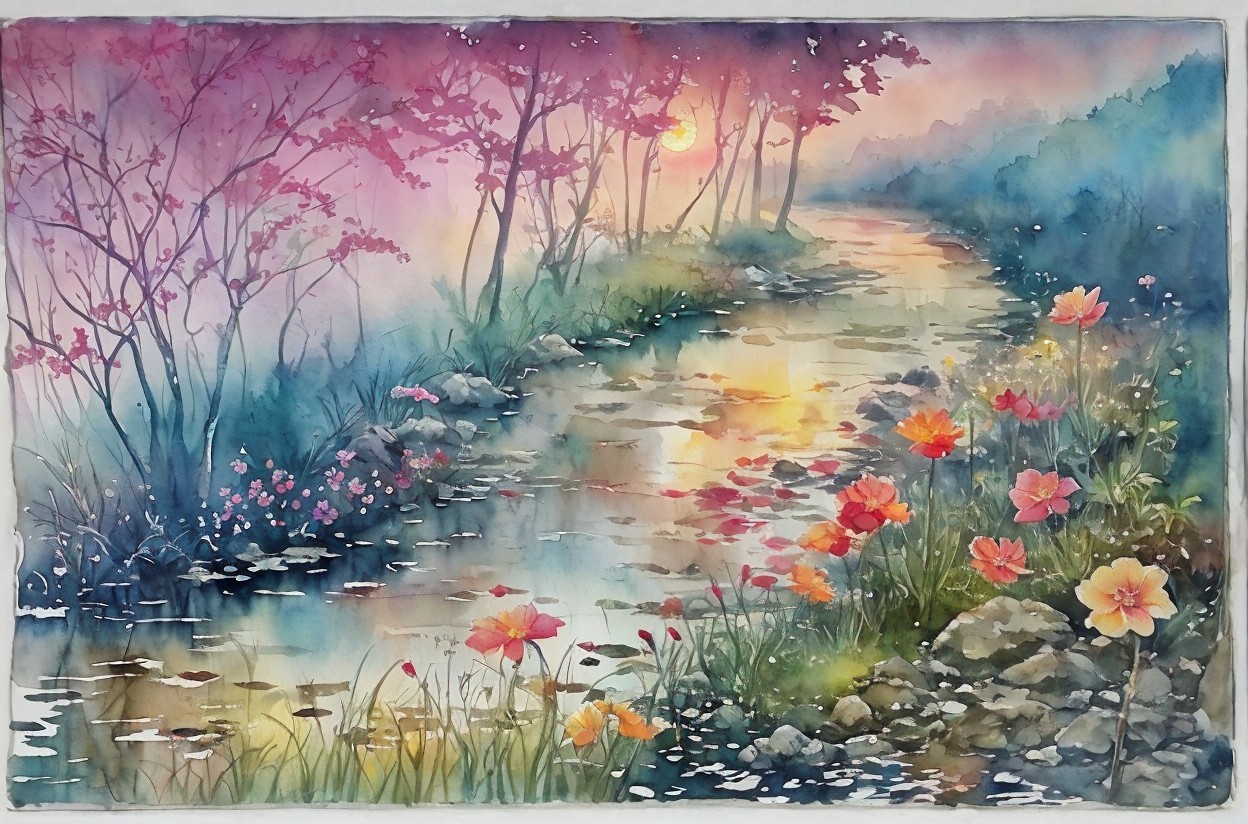 Watercolor Landscape of River at Sunset with Flowers