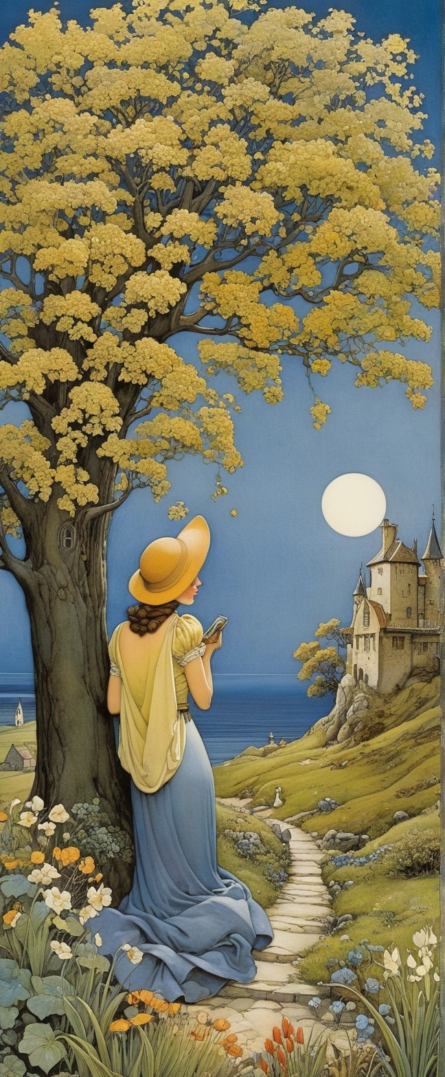 Serene landscape with a woman by a moonlit sea