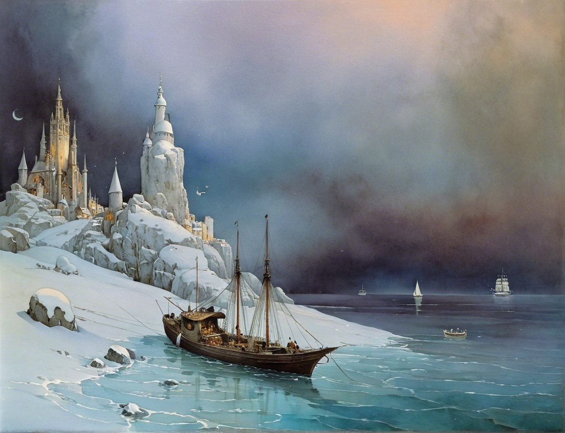 Majestic castle in serene winter twilight scene