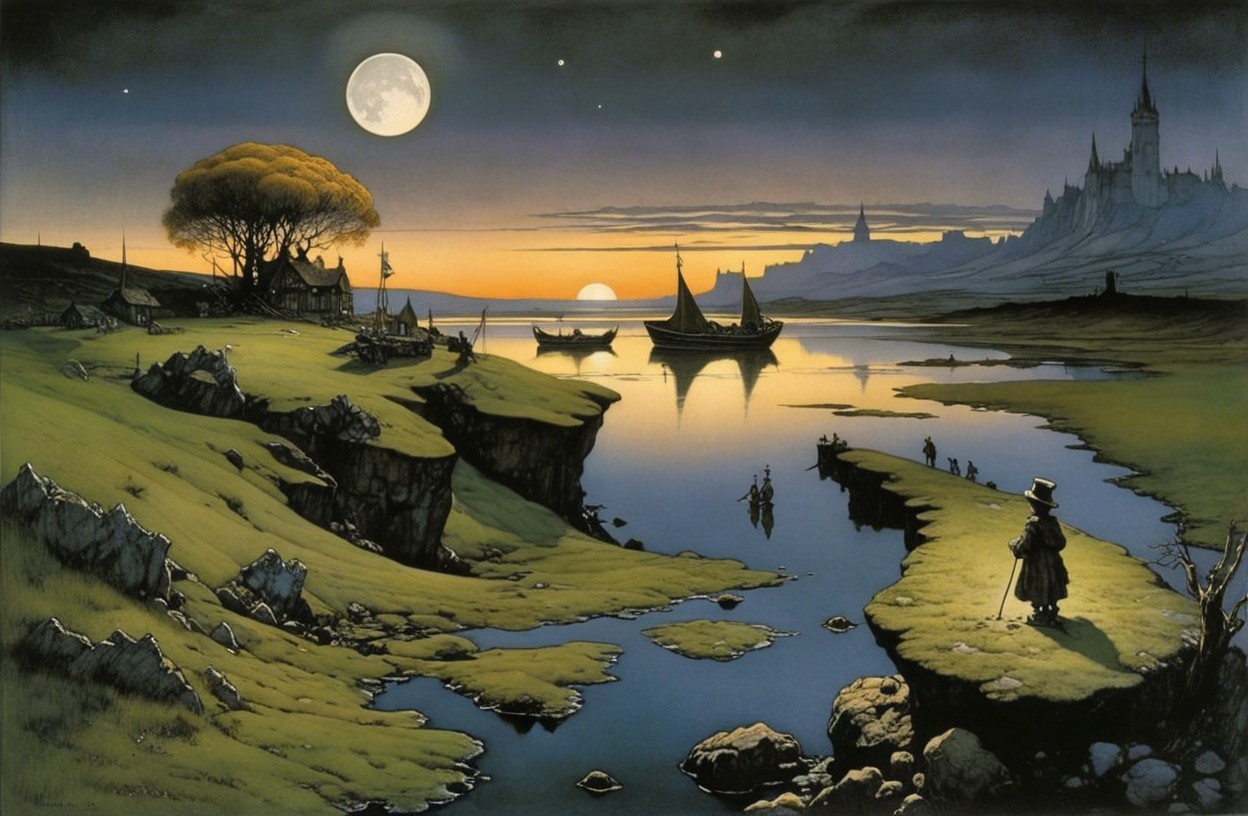 Twilight Landscape with River, Moon, and Castle Silhouettes