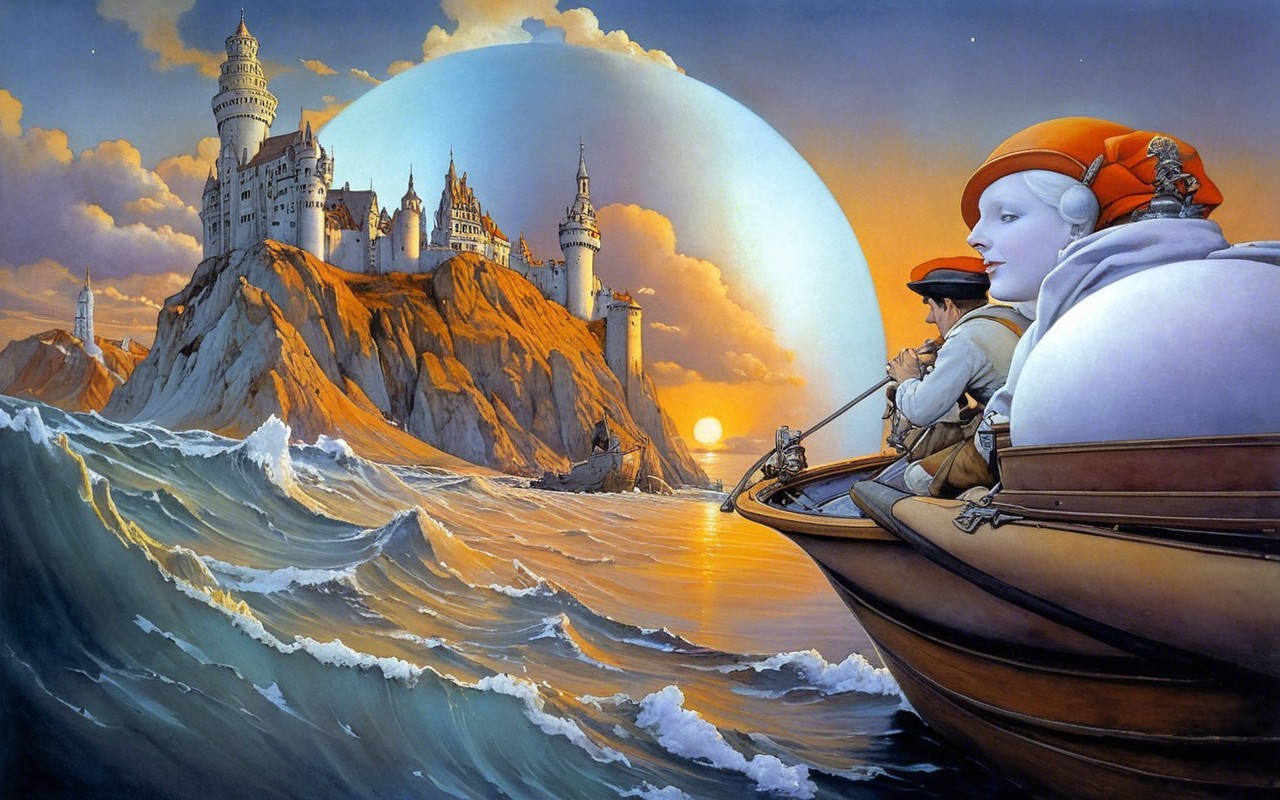 Serene boat scene with fisherman, woman, and castle