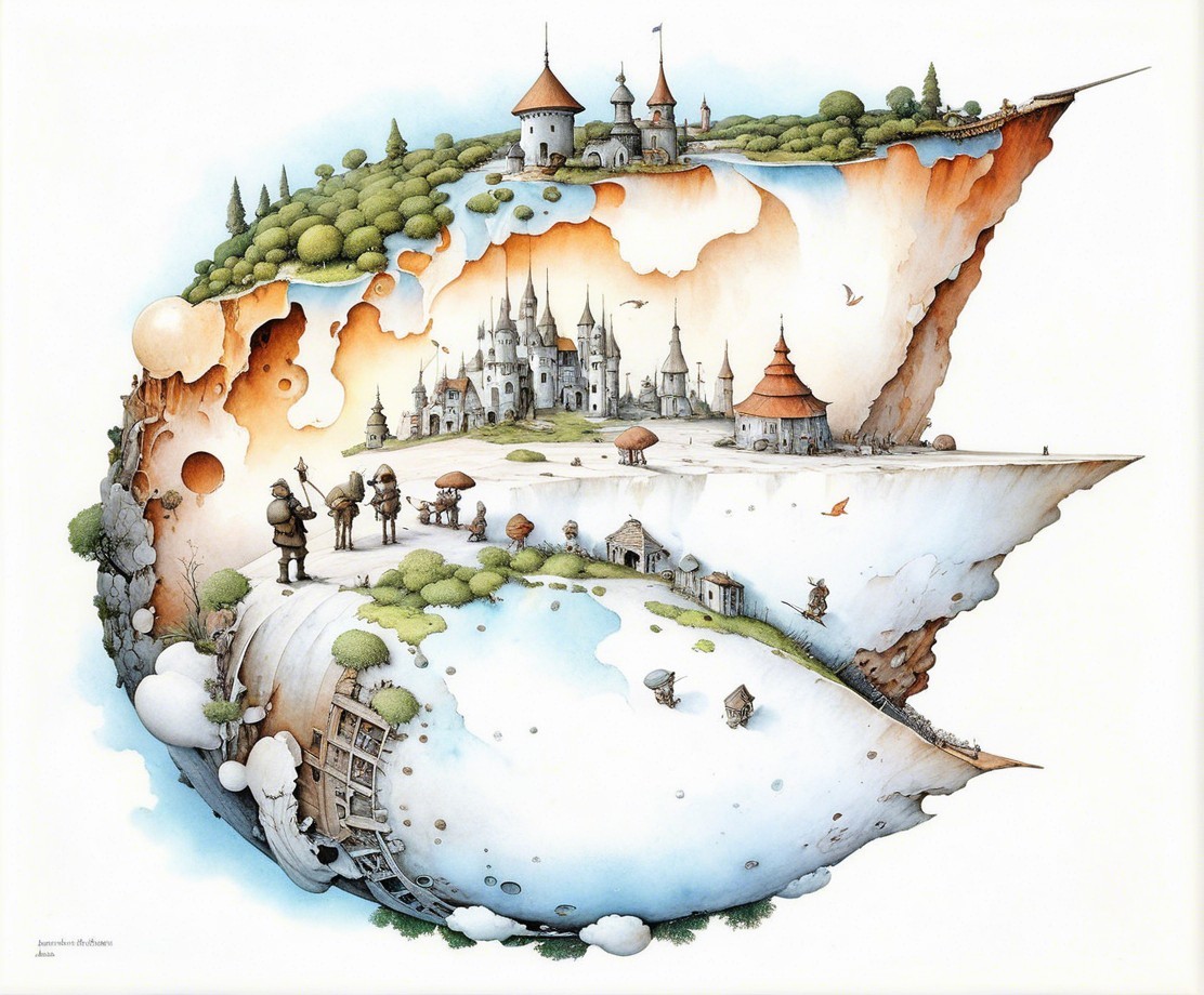 Whimsical Surreal Landscape with Floating Castles and Villages