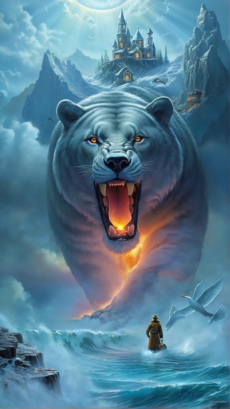 Polar bear emerges from waves near a mountain castle