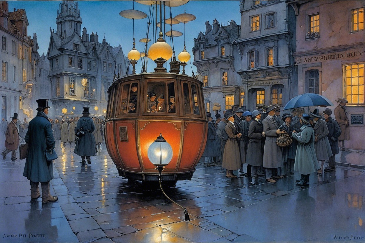 Historical Evening Scene with Gas Lamps and Tram