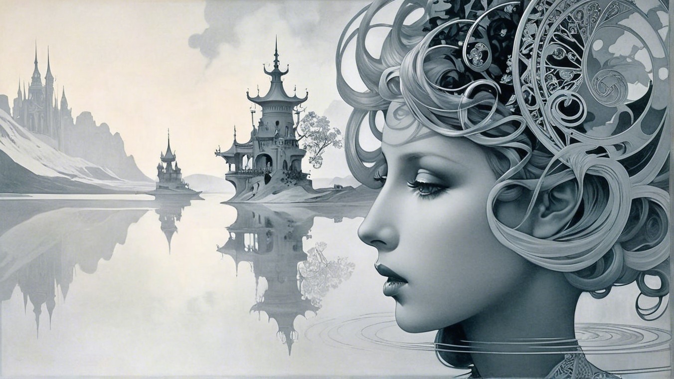 Monochromatic Portrait with Whimsical Patterns and Architecture