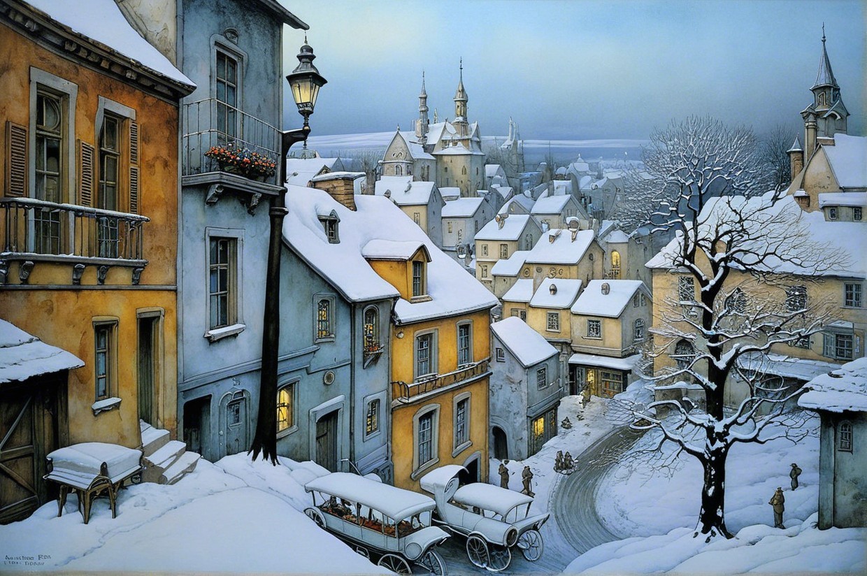 Snowy Village Scene with Medieval Buildings and Carriages