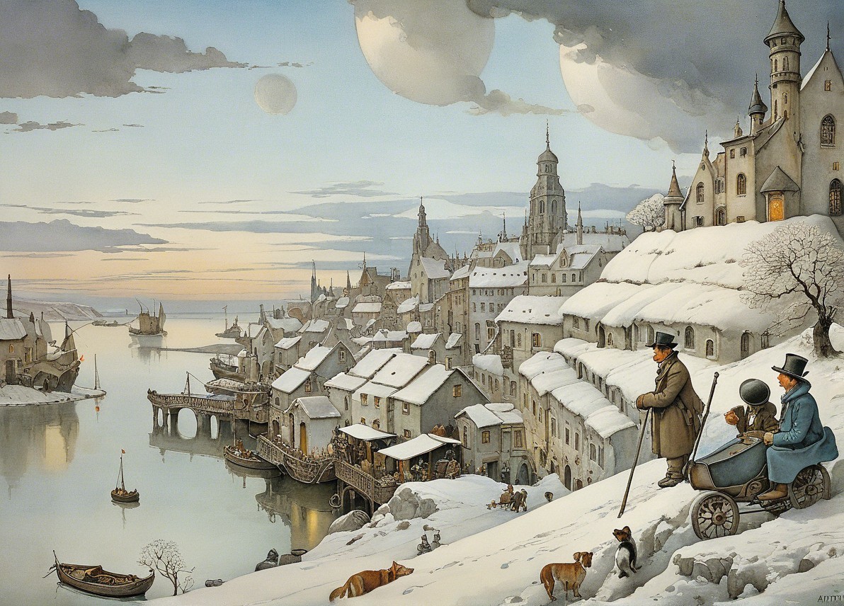 Winter Scene of a Snowy Riverside Town with Moons