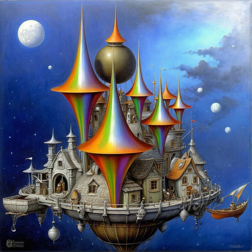 Whimsical Floating City with Colorful Spires and Moons