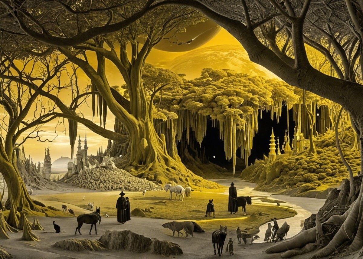 Surreal Landscape with Golden Hues and Mystical Elements
