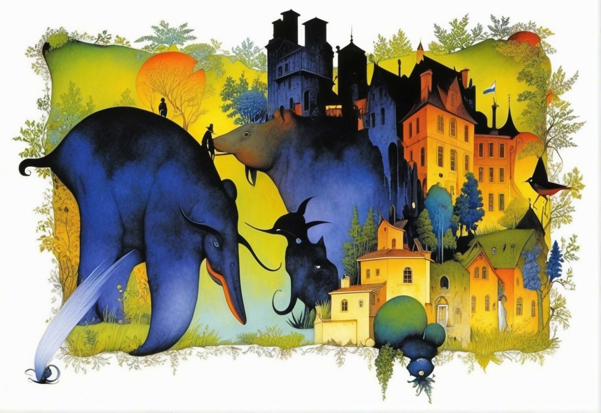 Whimsical Illustration of Bears and Colorful Houses