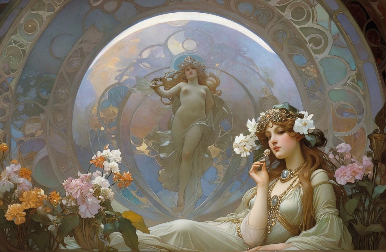 Serene Scene of Women in Flowing Garments and Flowers