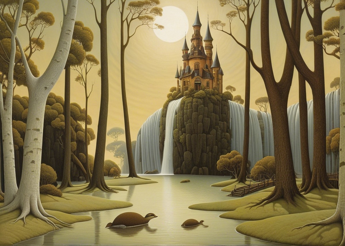 Whimsical Landscape with Castle and Waterfalls