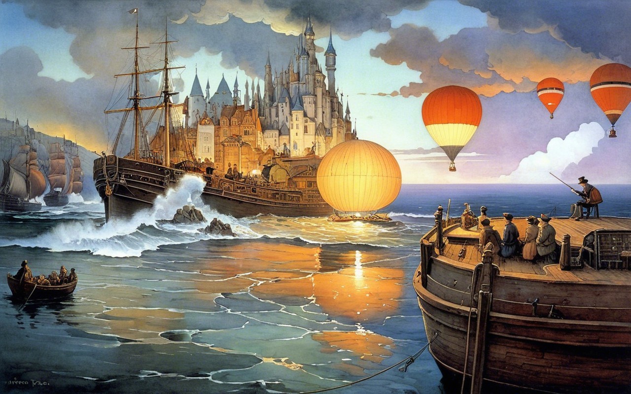 Vibrant Seascape with Castle and Hot Air Balloons