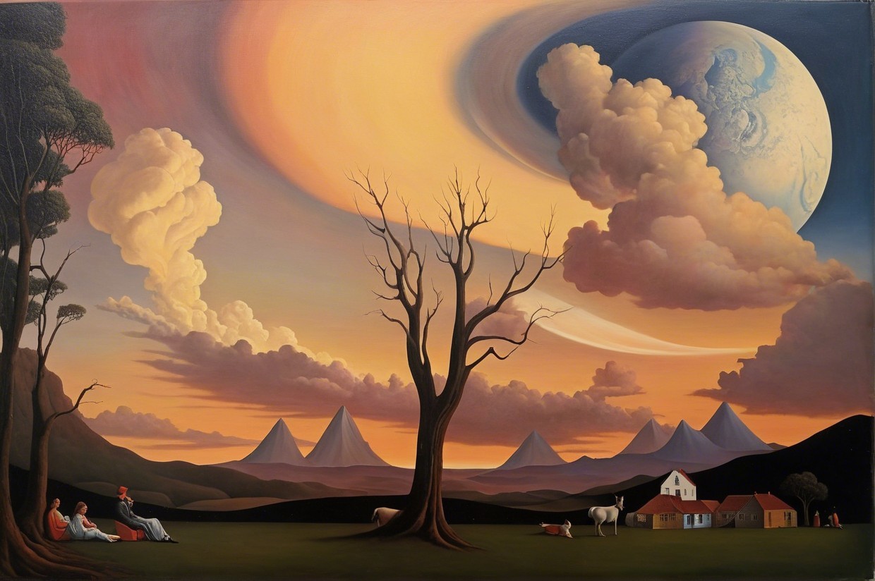 Surreal Landscape with Dramatic Sky and Figures