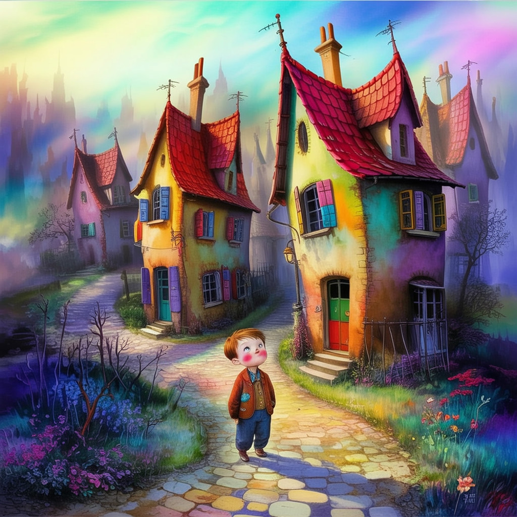 Cheerful Boy Walking on Cobblestone Path in Enchanted Village