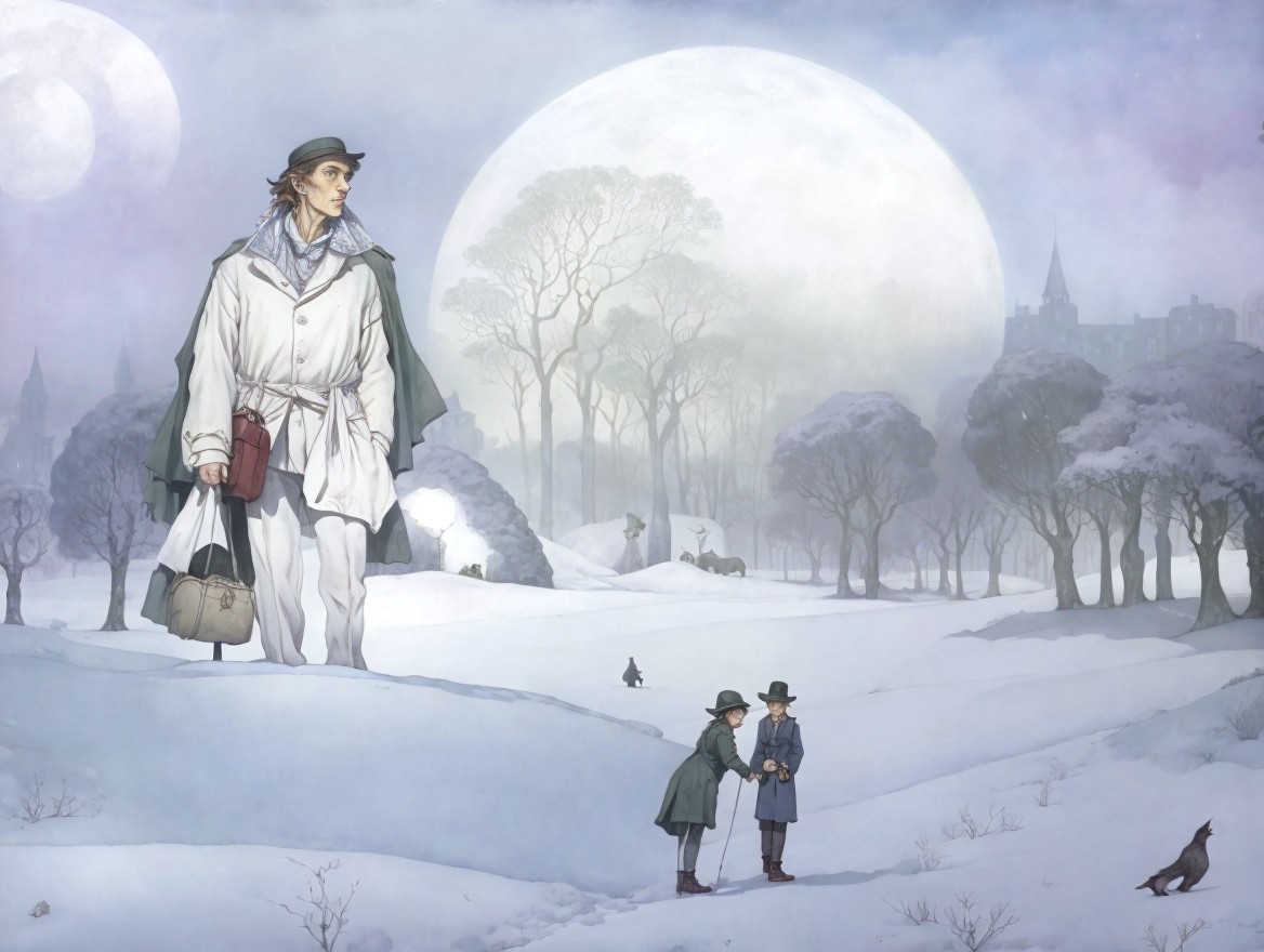 Snowy Landscape with Figures Under a Large Moon