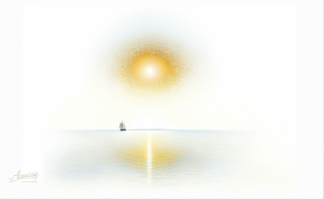 Tranquil Seascape with Sailing Ship and Golden Sun