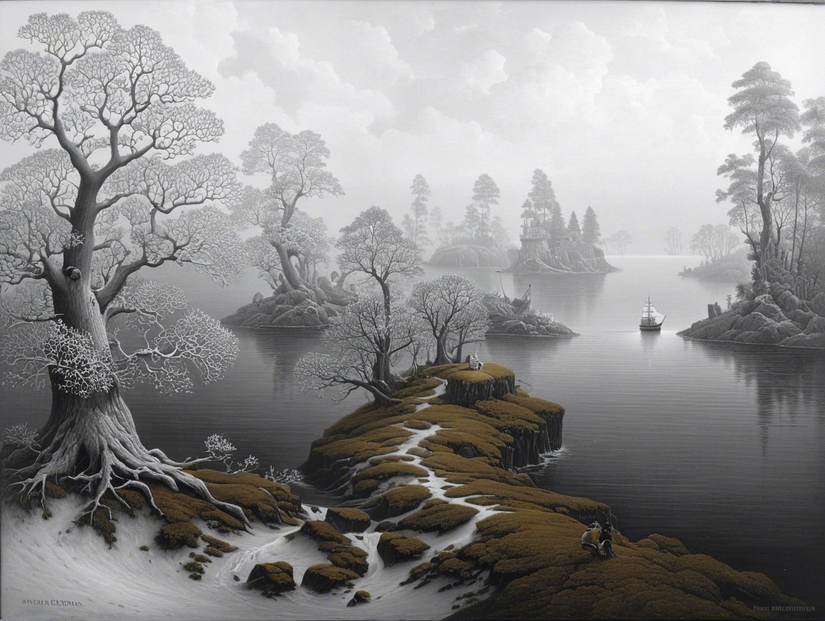 Tranquil Black-and-White Landscape with Water and Path