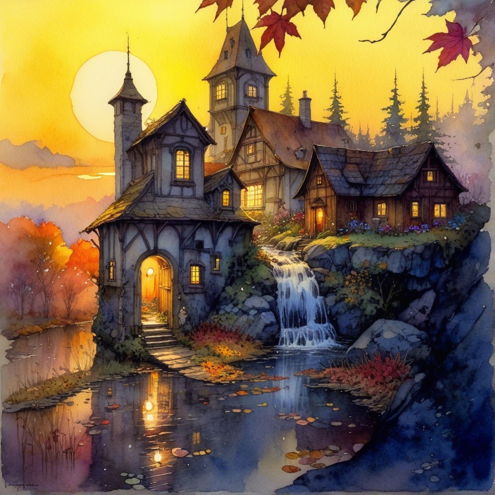Charming Village with Waterfall and Autumn Scenery