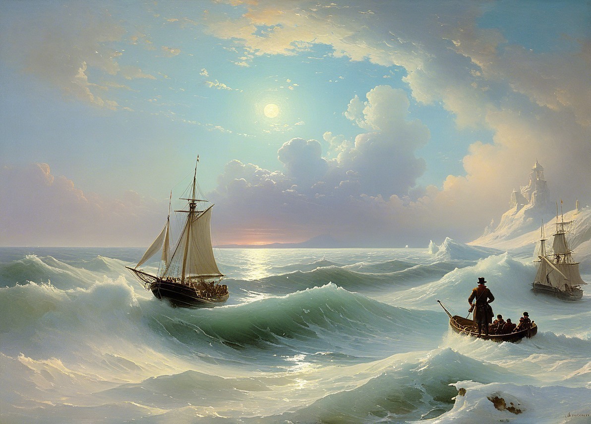 Sailing Ships in Turbulent Waters Under Luminous Sky