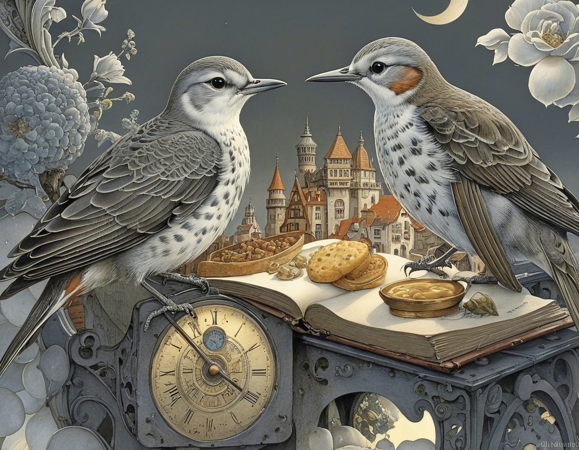 Spotted Birds on Clock with Book and Whimsical Town
