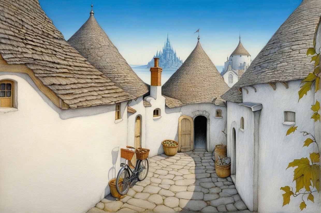 Charming Village Scene with Vintage Bicycle and Castle