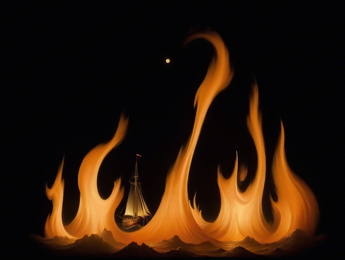 Ship Navigating Through Vibrant Flames and Moonlight