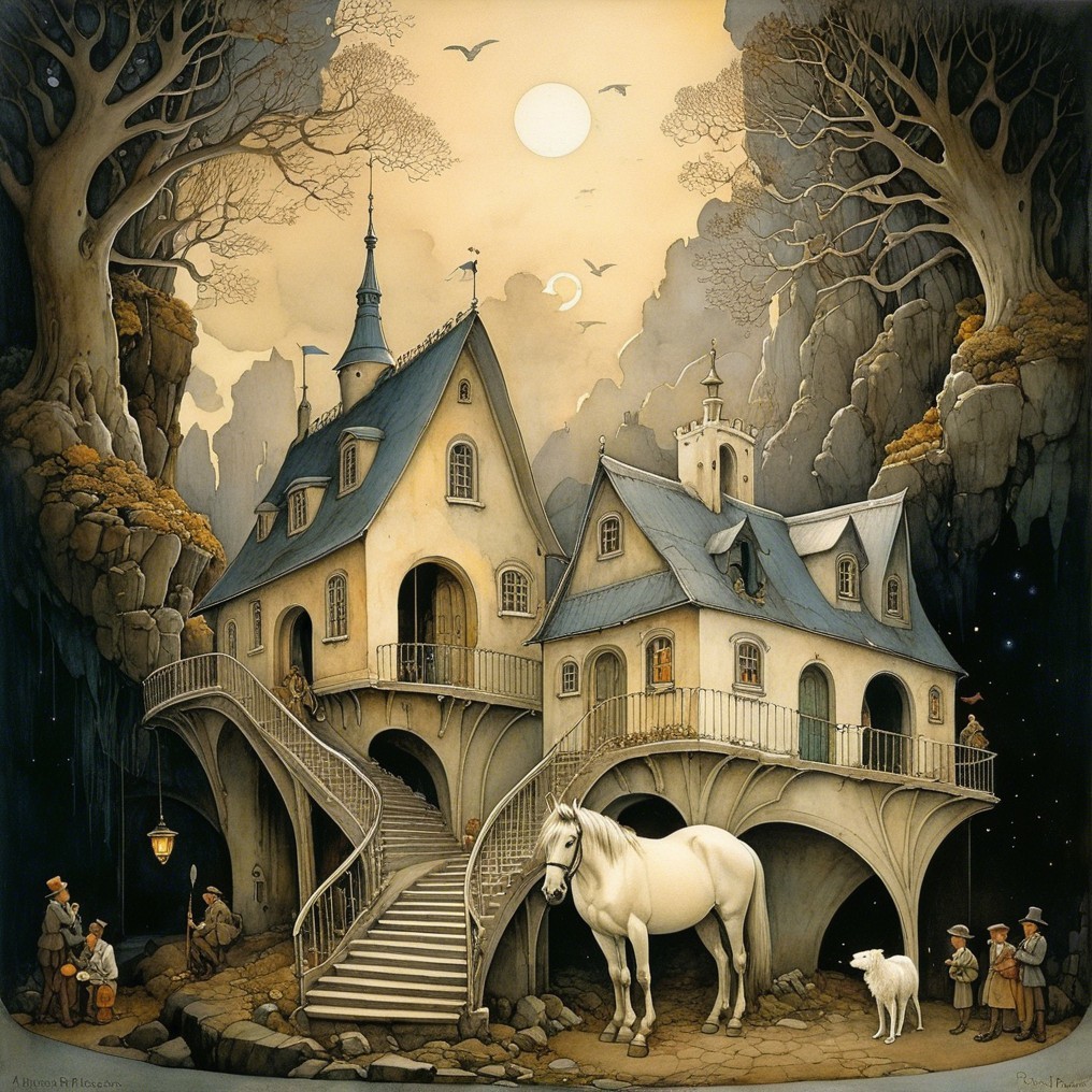 Surreal Landscape with Whimsical Houses and Horse