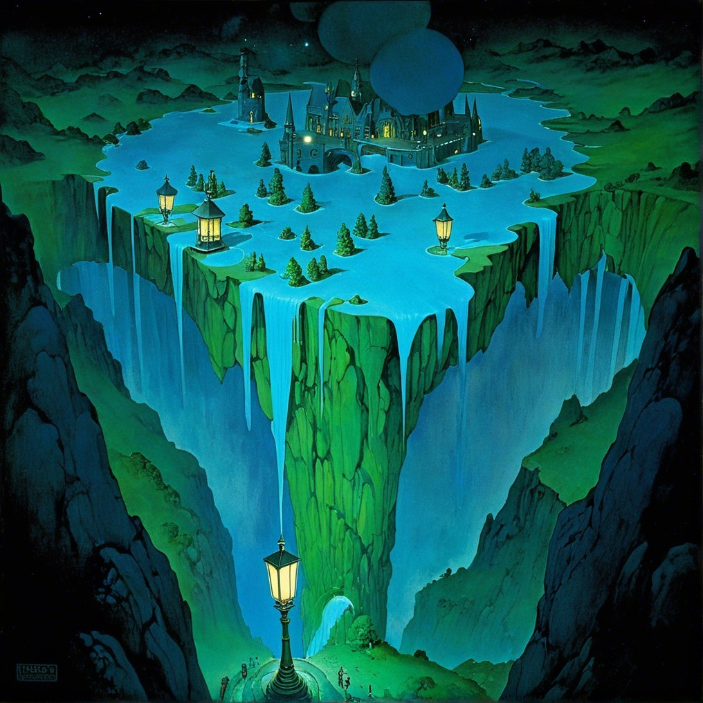 Surreal Island Landscape with Waterfalls and Castle
