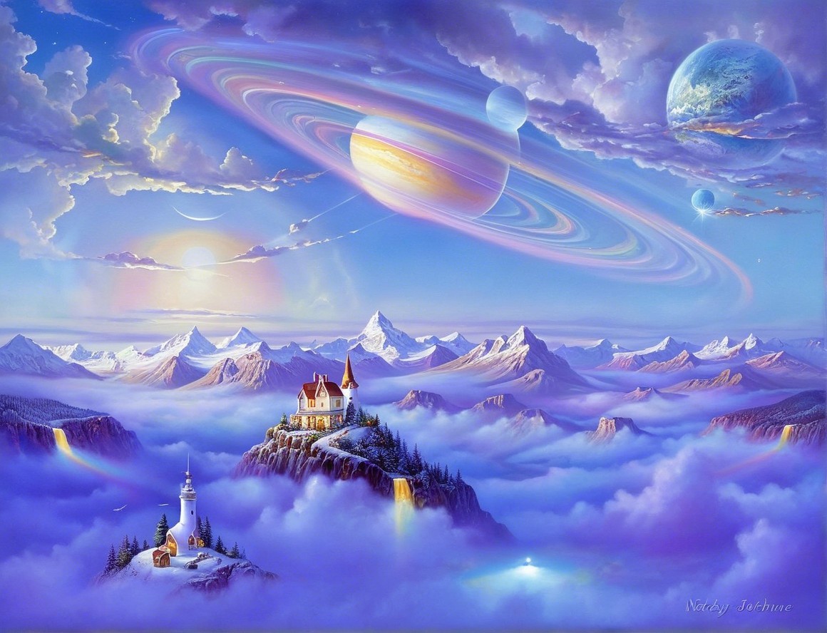 Surreal Landscape with Majestic Mountains and Castle