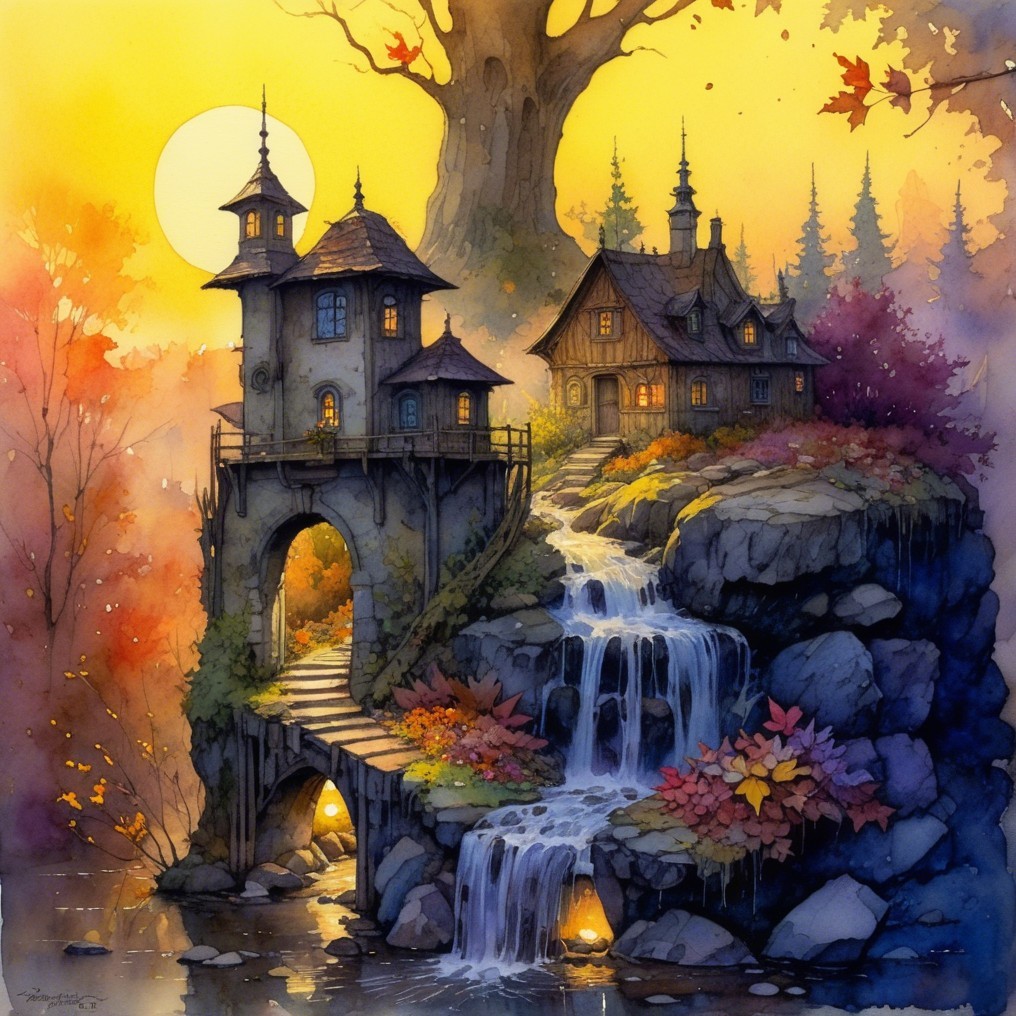 Whimsical Houses Among Autumn Foliage and Waterfall