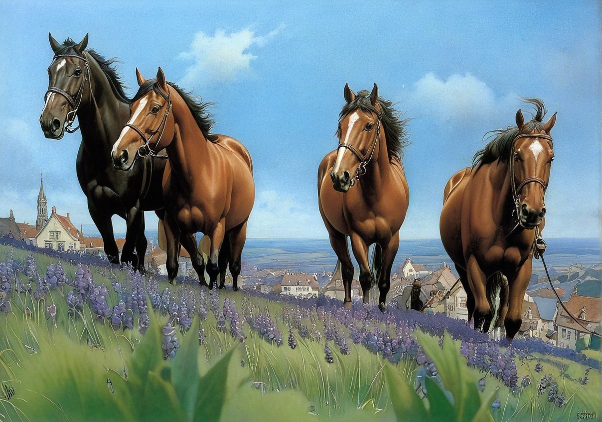 Horses Galloping on Green Hillside with Lavender Blooms