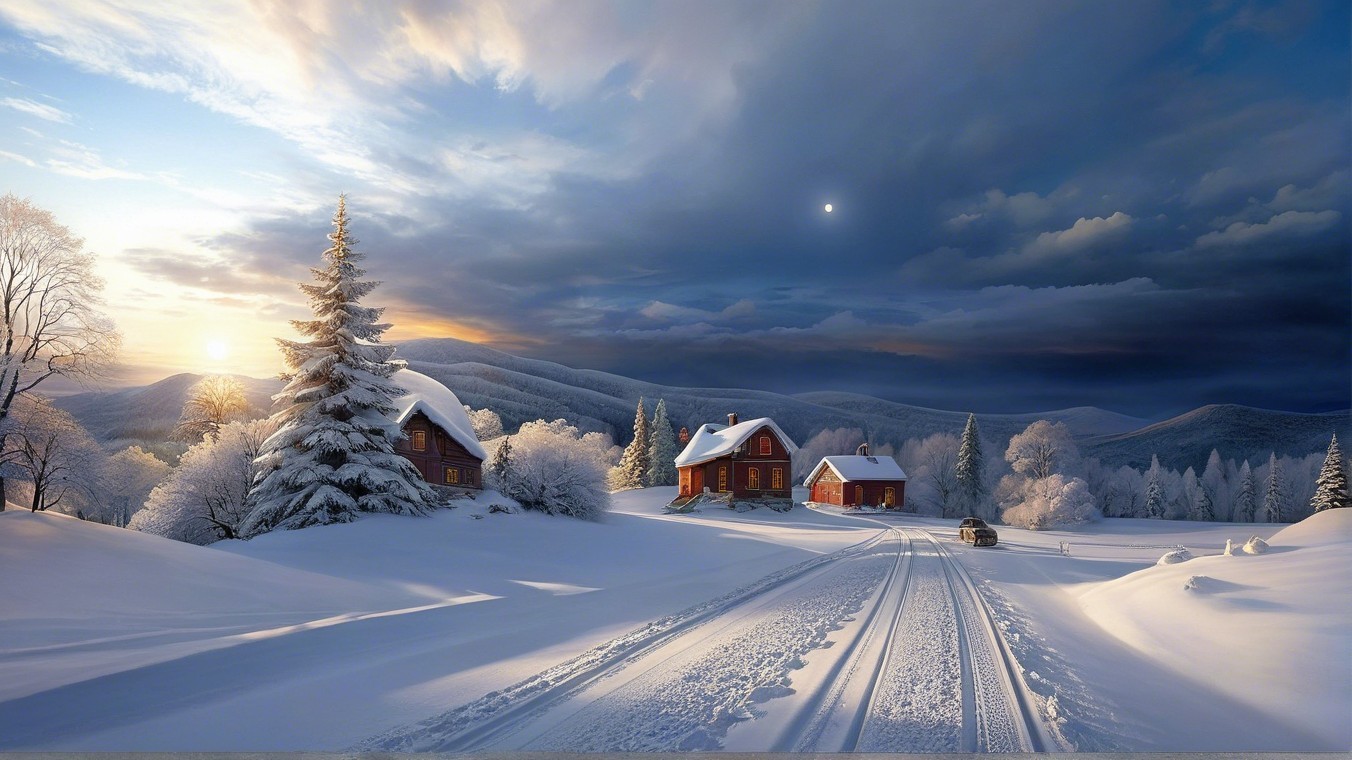 Serene Winter Landscape with Snowy Houses and Trees