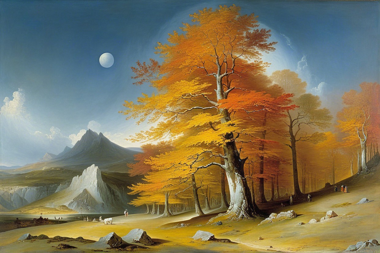 Autumn Landscape with Trees, Mountains, and Moon