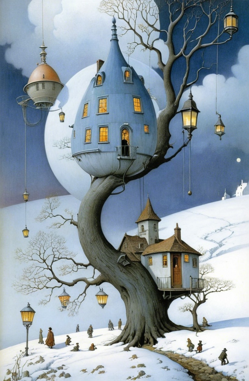 Whimsical Tree with Teardrop Houses at Twilight