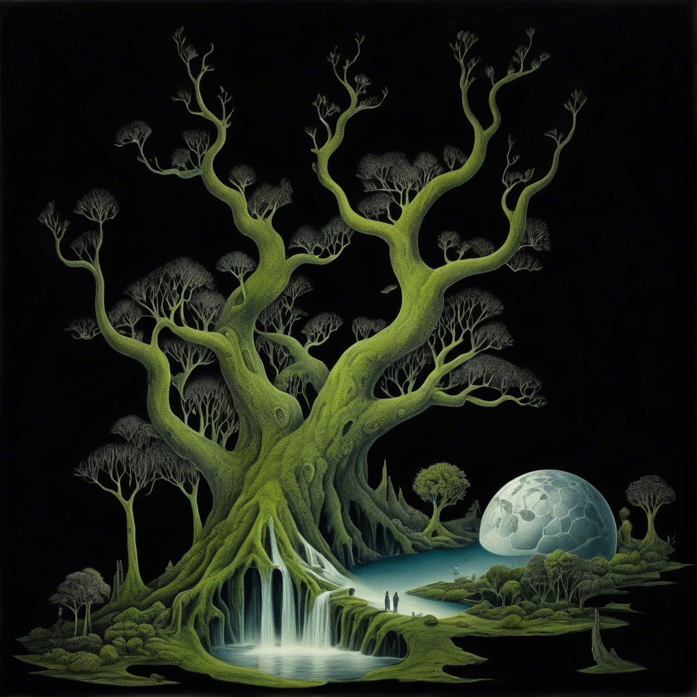 Mystical Tree and Waterfall Under a Glowing Moon