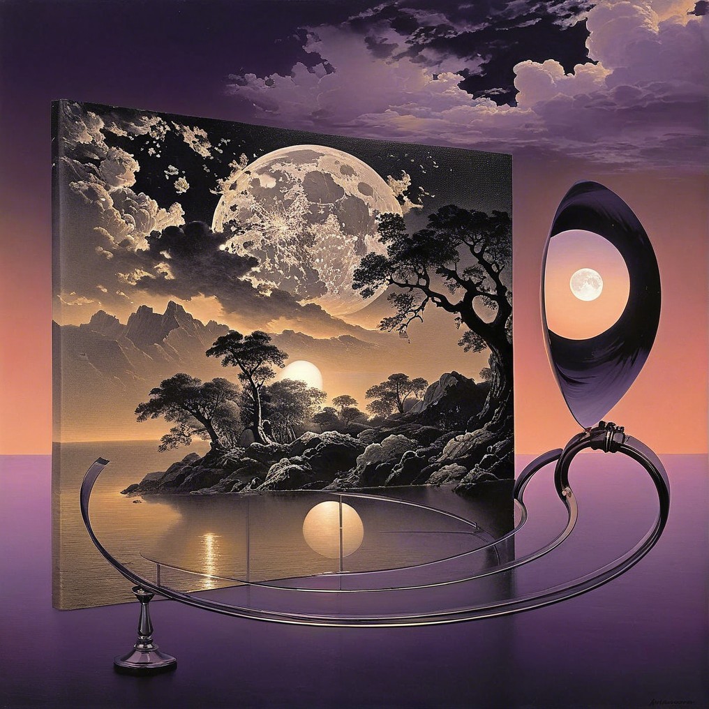 Surreal Landscape with Moonlit Lake and Phonograph