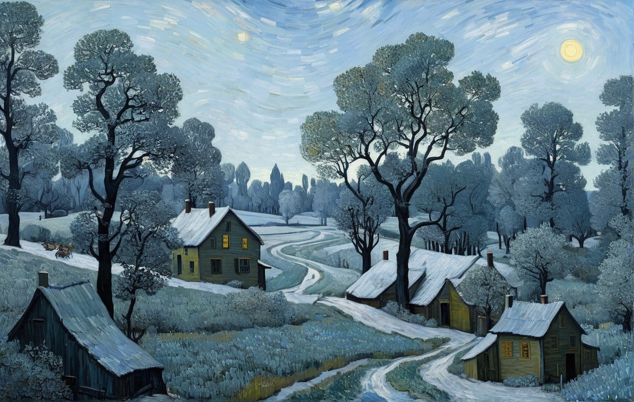Tranquil Winter Landscape with Cottages and Snow Trees