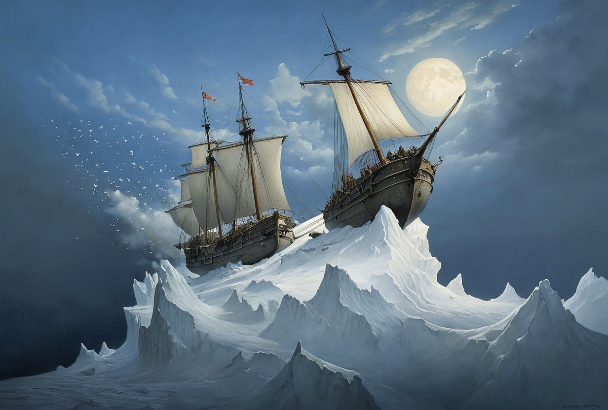 Majestic ships on an icy landscape under a full moon