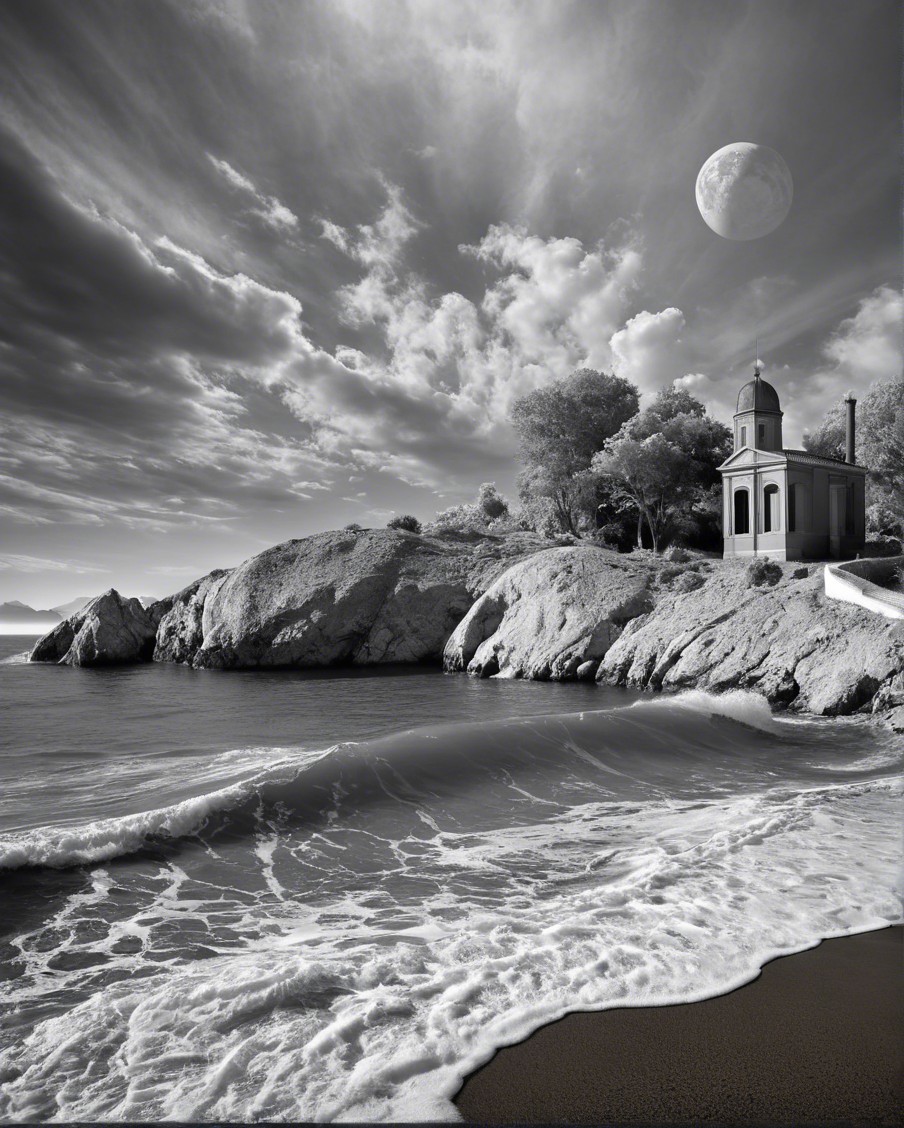 Black and White Coastal Scene with Cliffside Building