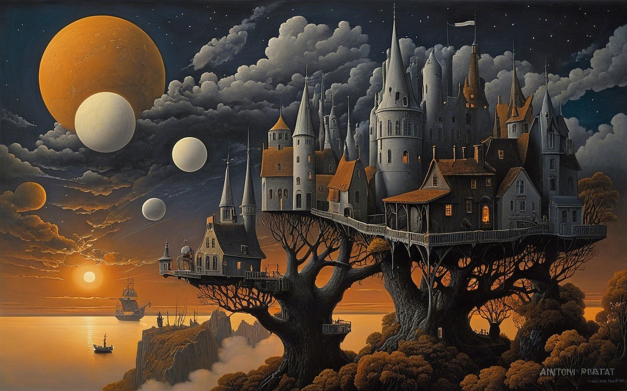 Fantastical Treehouse Castle Amidst Dramatic Sky
