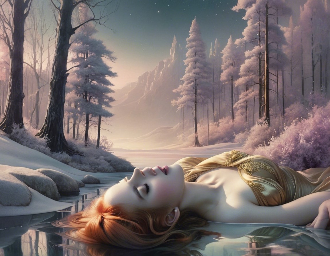 Serene winter landscape with a woman in a lake