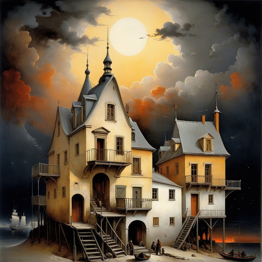 Ornate Stilted Houses Under a Glowing Moonlit Sky