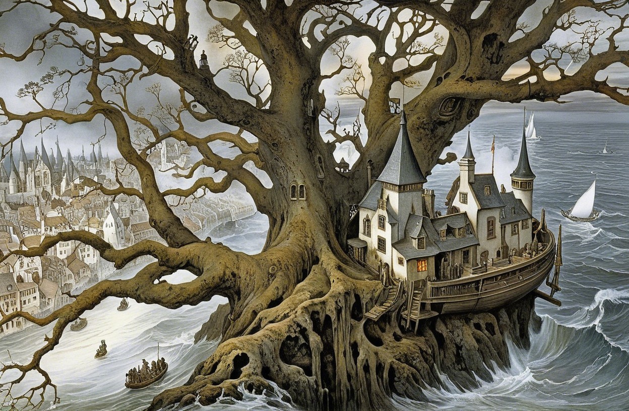 Gnarled Tree with House Overlooking Serene Seascape